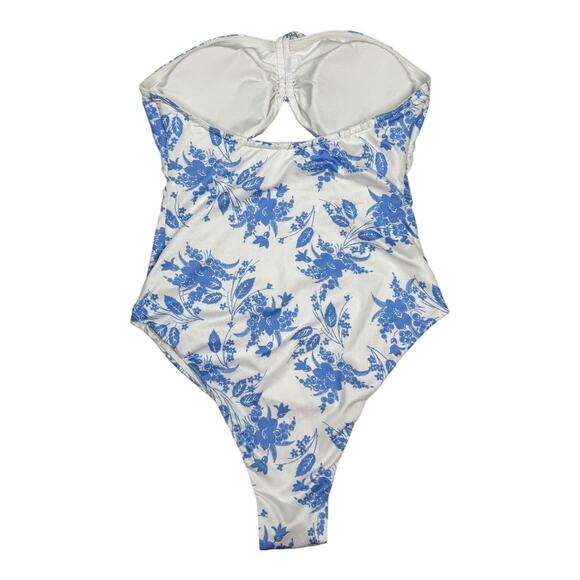 LoveShackFancy Baylor One Piece Swimsuit Medium Blue White Floral Bandeau - Picture 5 of 9
